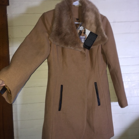 BNWT IMAN Camel Wool & Faux Fur Coat Zip - Picture 2 of 8